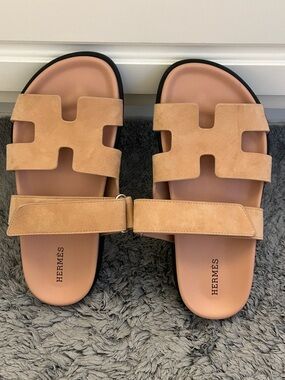 Hermes Tan Suede Oran Slide Sandals - Women's